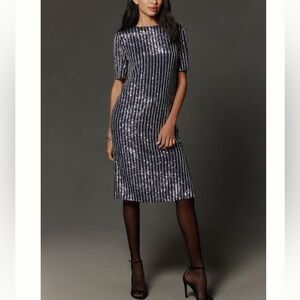 Anthropologie Navy and Silver Sequin Midi Dress by Flat White size XS